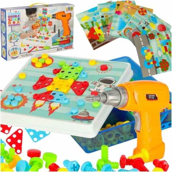 Konstruktorius su grąžtu ir varžtais „Pasidaryk pats“ lagamine, 261 detalė